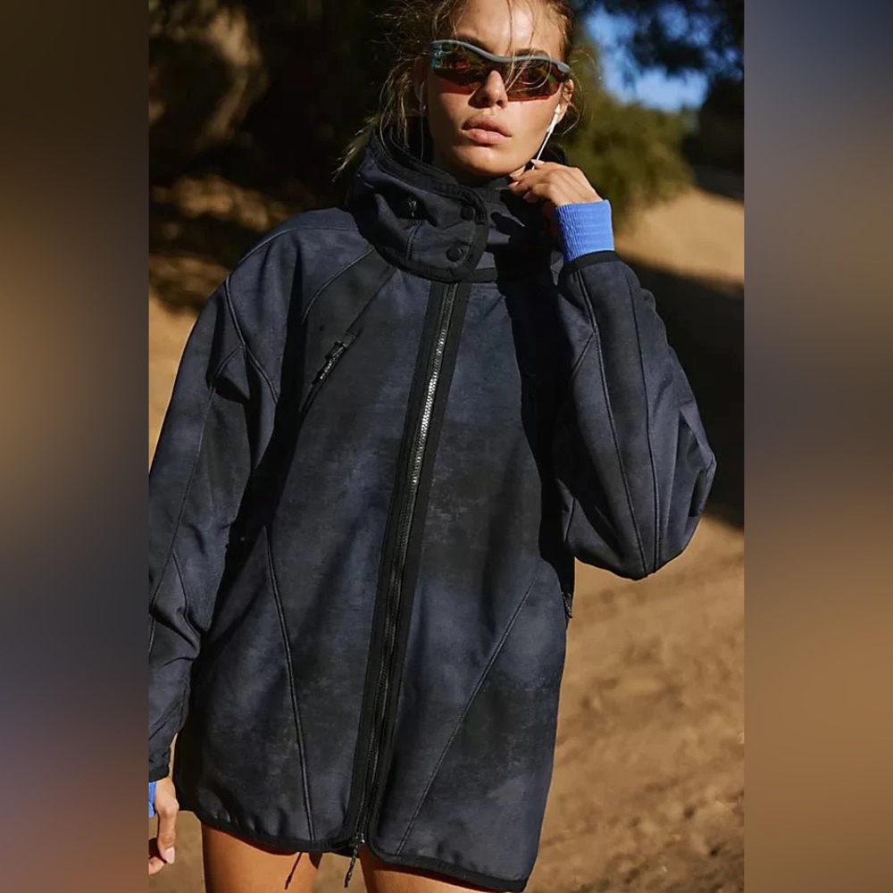 Free People Navy Blue Hooded Zip-Front Jacket